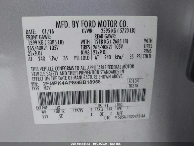 Photo 8 VIN: 2FMPK4AP8GBB18958 - FORD EDGE 