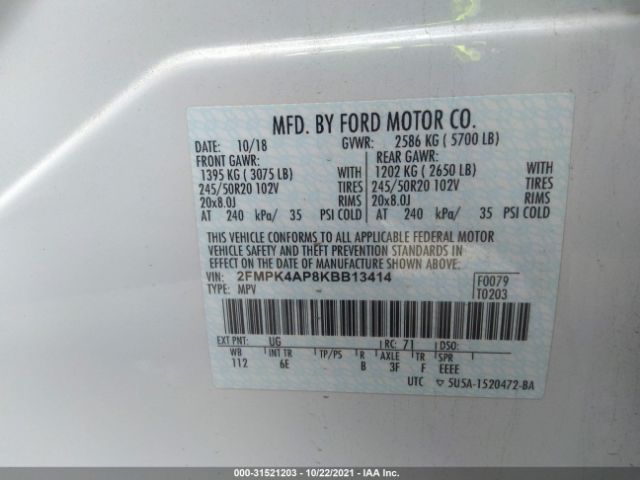 Photo 8 VIN: 2FMPK4AP8KBB13414 - FORD EDGE 