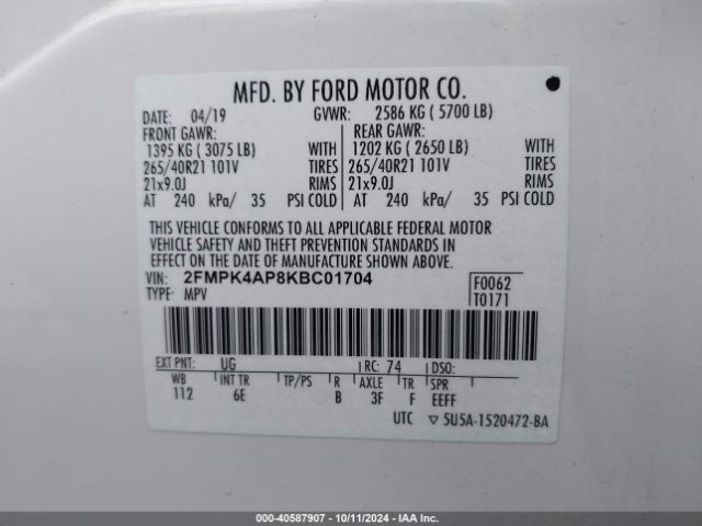 Photo 8 VIN: 2FMPK4AP8KBC01704 - FORD EDGE 