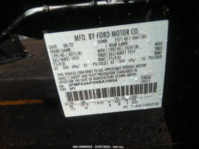 Photo 8 VIN: 2FMPK4APXNBA70604 - FORD EDGE 