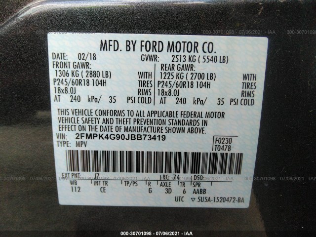 Photo 8 VIN: 2FMPK4G90JBB73419 - FORD EDGE 