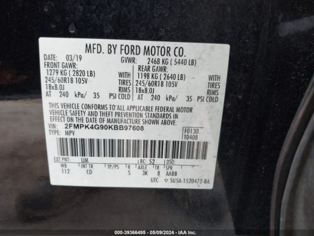 Photo 8 VIN: 2FMPK4G90KBB97608 - FORD EDGE 