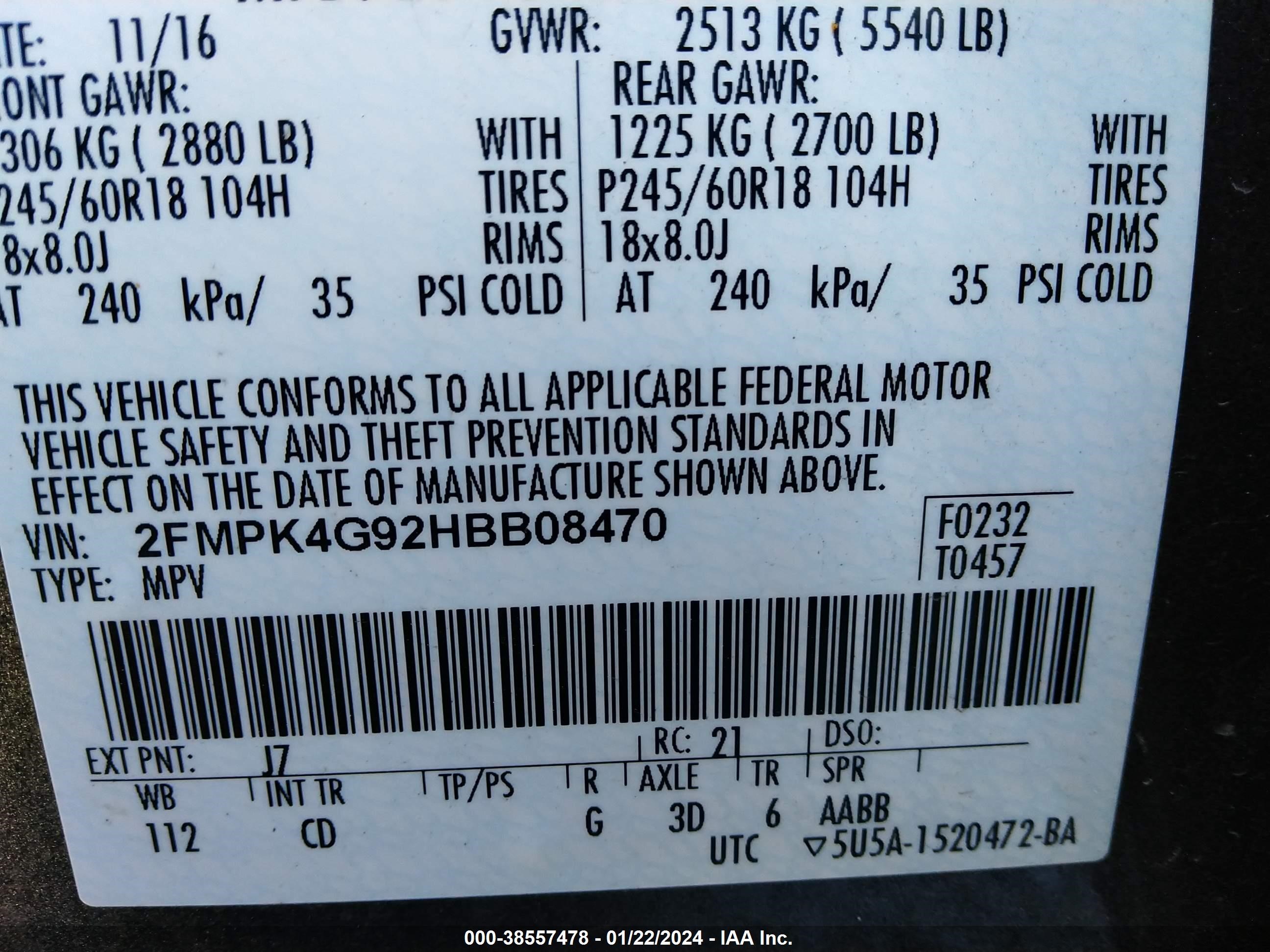 Photo 8 VIN: 2FMPK4G92HBB08470 - FORD EDGE 