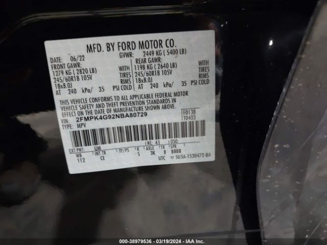 Photo 8 VIN: 2FMPK4G92NBA80729 - FORD EDGE 