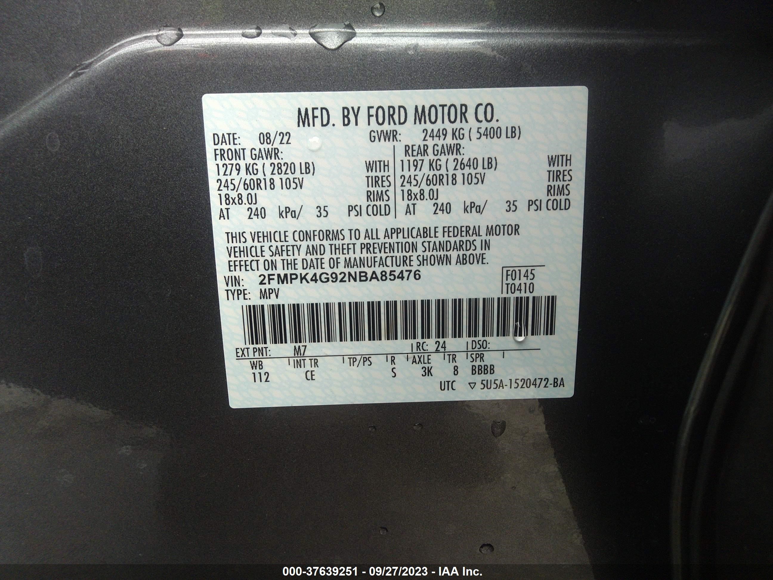 Photo 8 VIN: 2FMPK4G92NBA85476 - FORD EDGE 