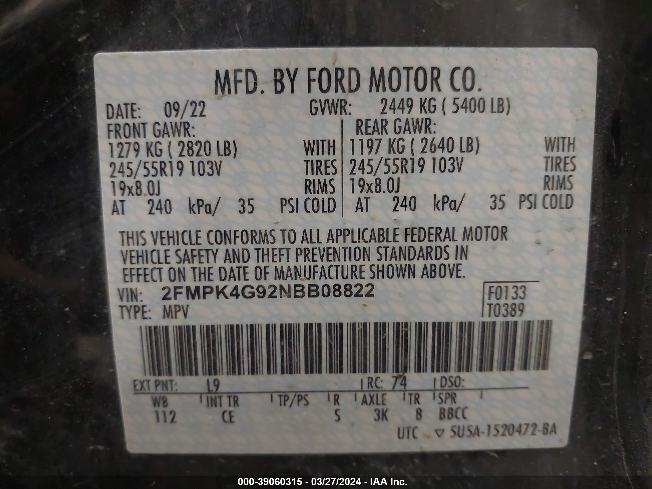 Photo 8 VIN: 2FMPK4G92NBB08822 - FORD EDGE 