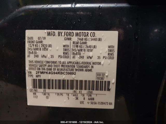 Photo 8 VIN: 2FMPK4G94KBC39892 - FORD EDGE 