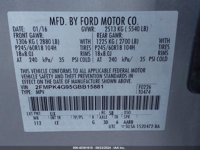 Photo 8 VIN: 2FMPK4G95GBB15881 - FORD EDGE 