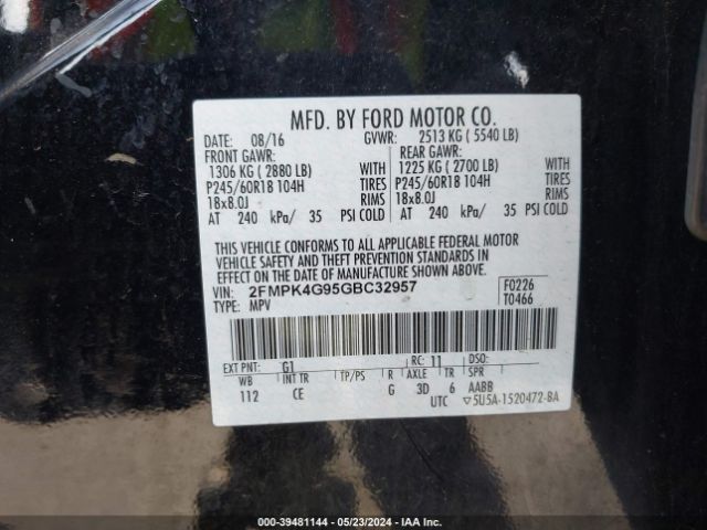 Photo 8 VIN: 2FMPK4G95GBC32957 - FORD EDGE 