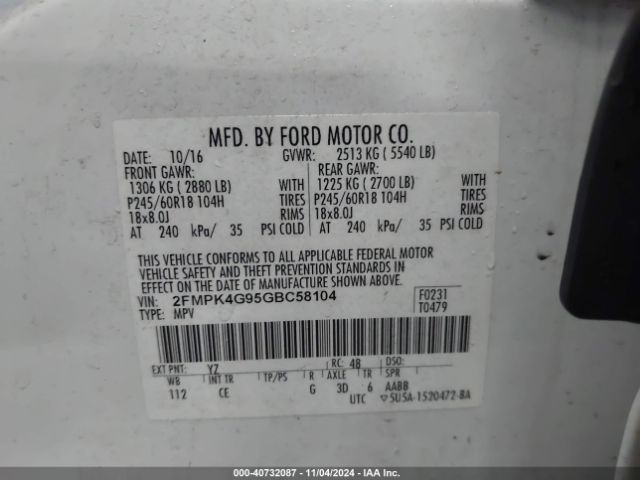 Photo 8 VIN: 2FMPK4G95GBC58104 - FORD EDGE 