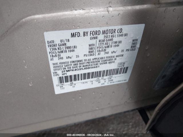 Photo 8 VIN: 2FMPK4G95JBB56681 - FORD EDGE 