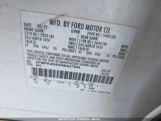 Photo 8 VIN: 2FMPK4G95NBA27944 - FORD EDGE 