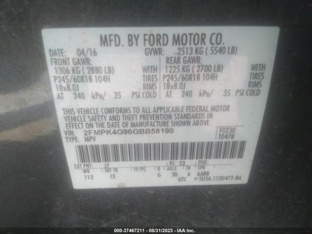 Photo 8 VIN: 2FMPK4G96GBB58190 - FORD EDGE 