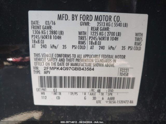 Photo 8 VIN: 2FMPK4G97GBB43584 - FORD EDGE 