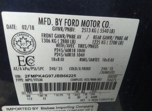 Photo 8 VIN: 2FMPK4G97JBB66225 - FORD EDGE 