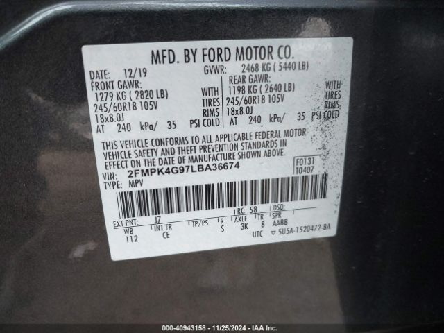 Photo 8 VIN: 2FMPK4G97LBA36674 - FORD EDGE 