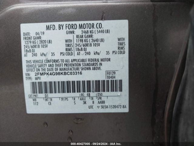 Photo 8 VIN: 2FMPK4G98KBC03316 - FORD EDGE 