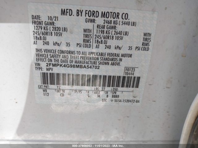 Photo 8 VIN: 2FMPK4G98MBA54702 - FORD EDGE 