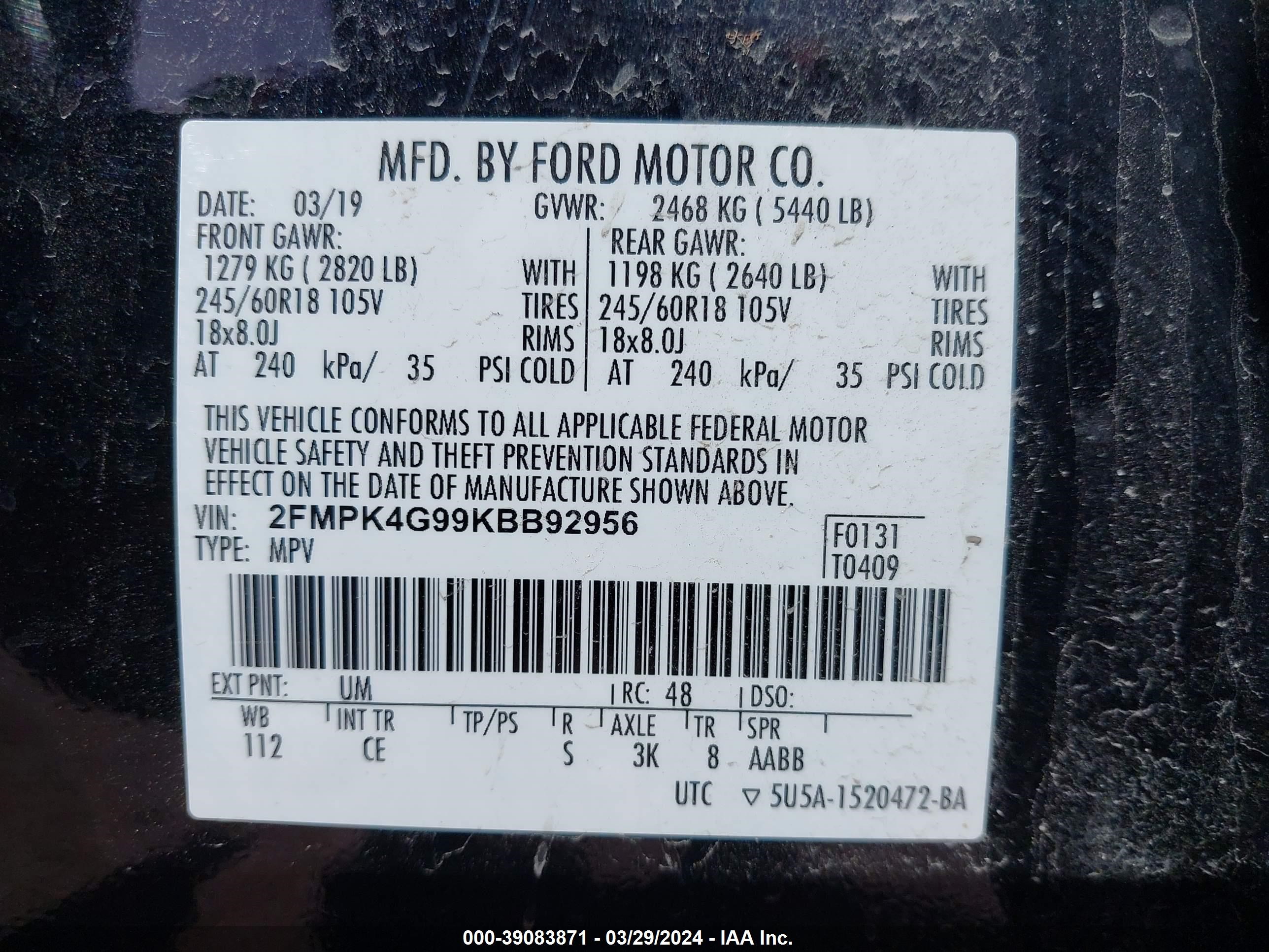 Photo 8 VIN: 2FMPK4G99KBB92956 - FORD EDGE 