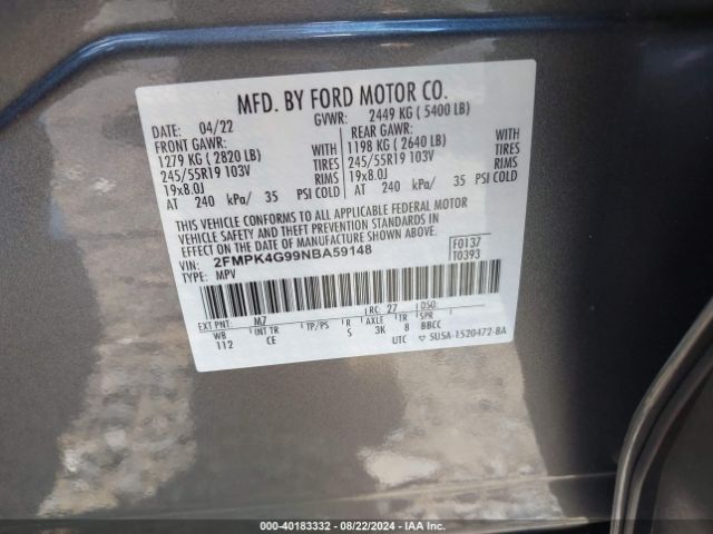 Photo 8 VIN: 2FMPK4G99NBA59148 - FORD EDGE 