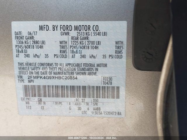 Photo 8 VIN: 2FMPK4G9XHBC20854 - FORD EDGE 