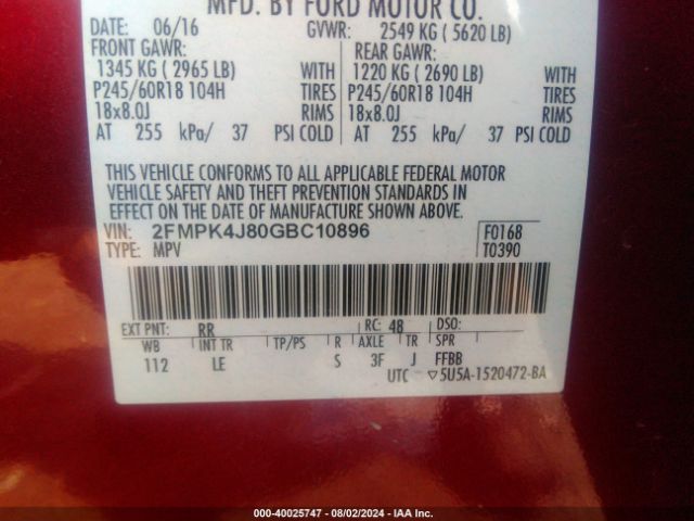 Photo 8 VIN: 2FMPK4J80GBC10896 - FORD EDGE 