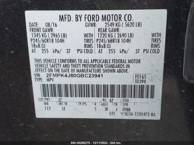 Photo 8 VIN: 2FMPK4J80GBC23941 - FORD EDGE 