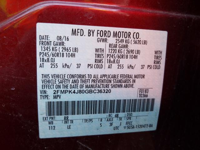 Photo 9 VIN: 2FMPK4J80GBC36320 - FORD EDGE SEL 