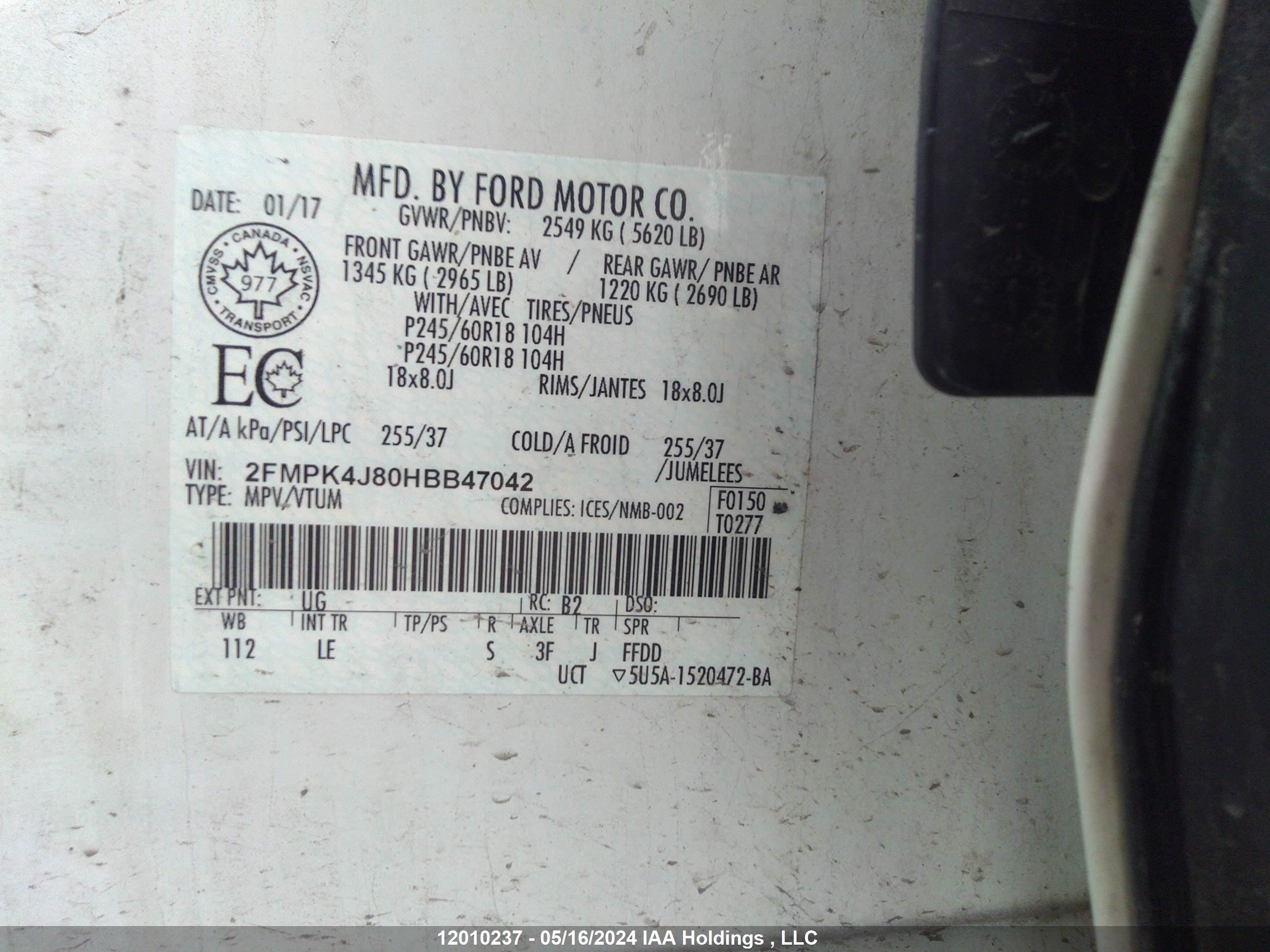 Photo 8 VIN: 2FMPK4J80HBB47042 - FORD EDGE 