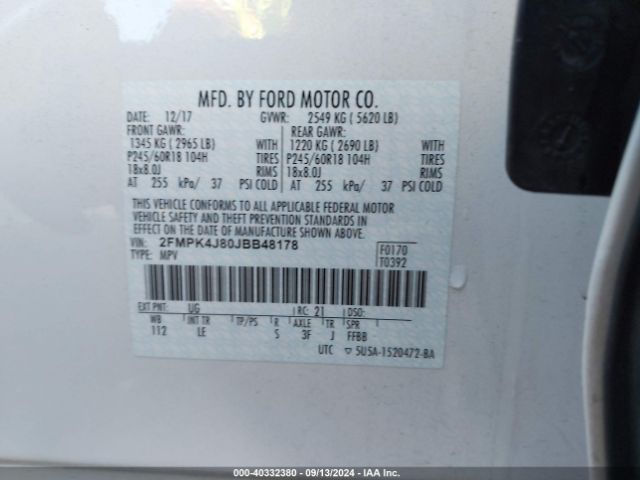 Photo 8 VIN: 2FMPK4J80JBB48178 - FORD EDGE 