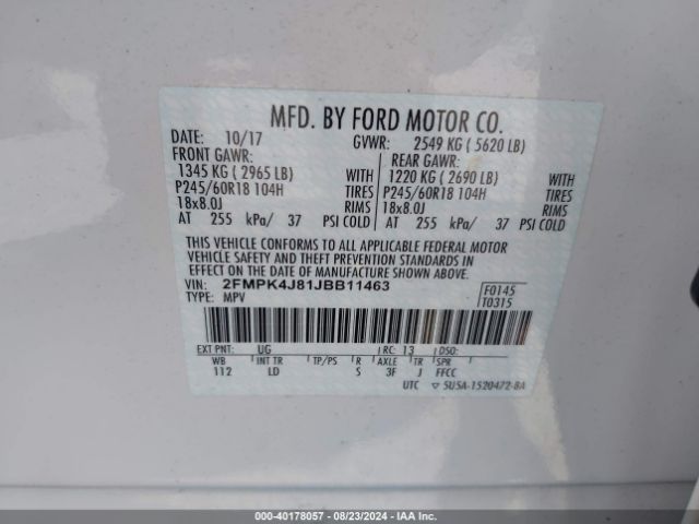 Photo 8 VIN: 2FMPK4J81JBB11463 - FORD EDGE 