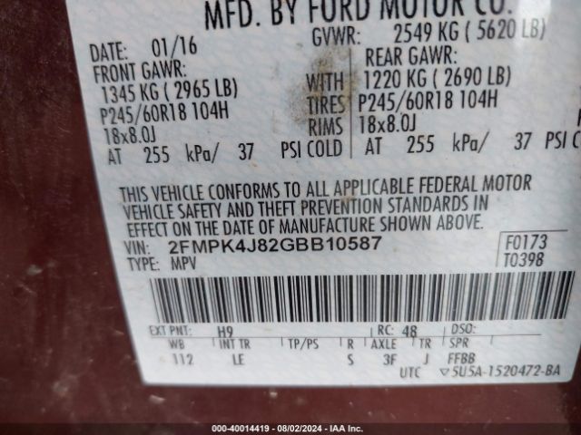 Photo 8 VIN: 2FMPK4J82GBB10587 - FORD EDGE 