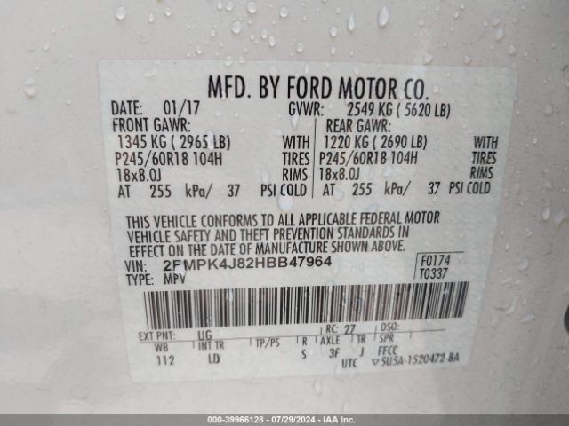 Photo 8 VIN: 2FMPK4J82HBB47964 - FORD EDGE 