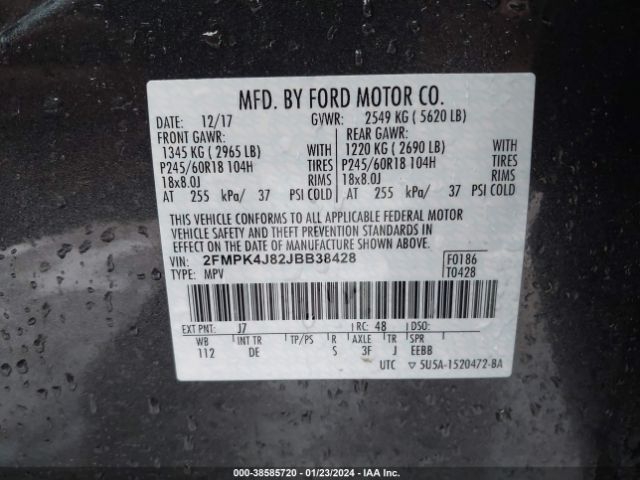 Photo 8 VIN: 2FMPK4J82JBB38428 - FORD EDGE 