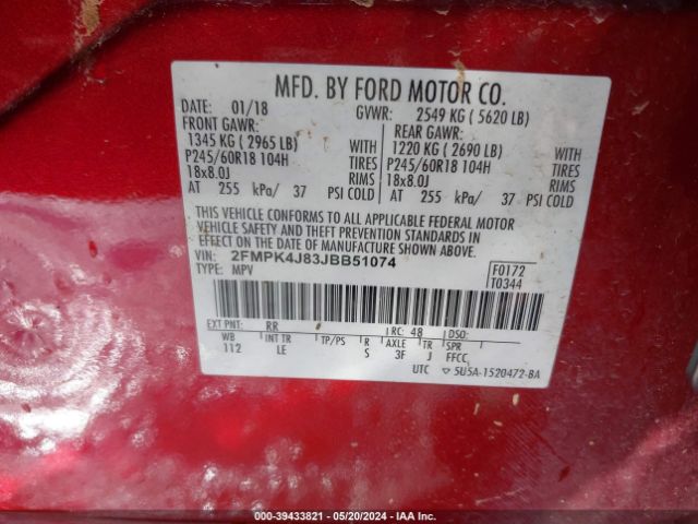 Photo 8 VIN: 2FMPK4J83JBB51074 - FORD EDGE 