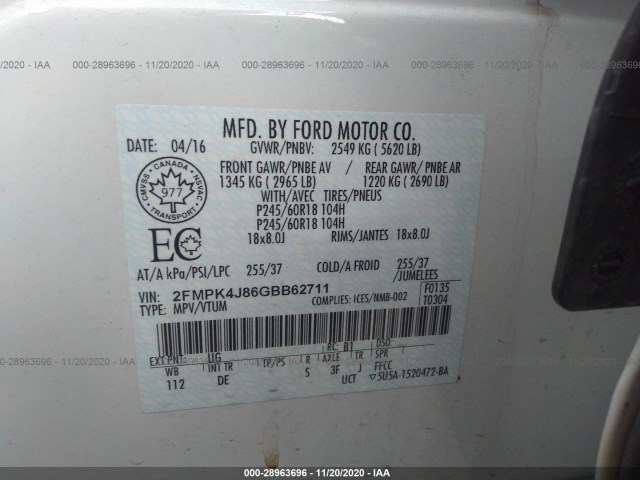 Photo 8 VIN: 2FMPK4J86GBB62711 - FORD EDGE 