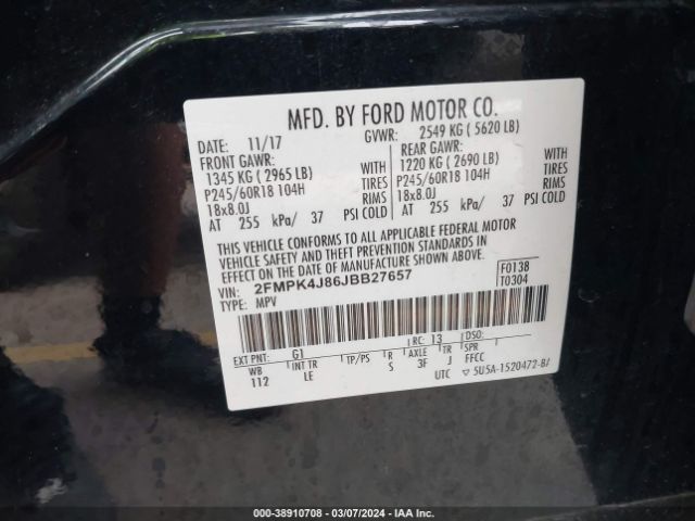 Photo 8 VIN: 2FMPK4J86JBB27657 - FORD EDGE 