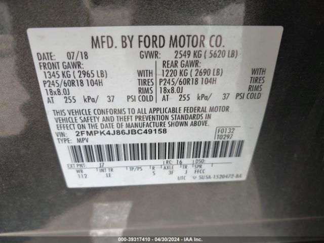 Photo 8 VIN: 2FMPK4J86JBC49158 - FORD EDGE 