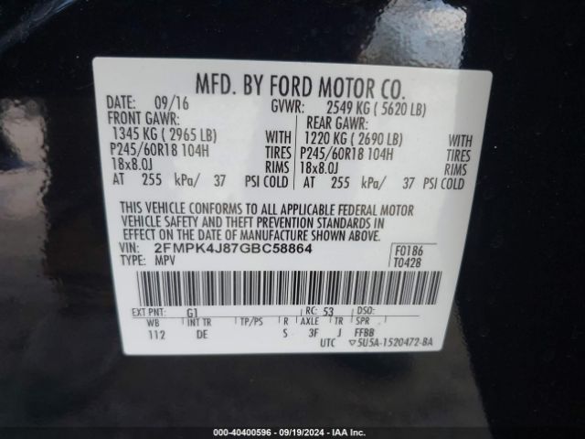 Photo 8 VIN: 2FMPK4J87GBC58864 - FORD EDGE 