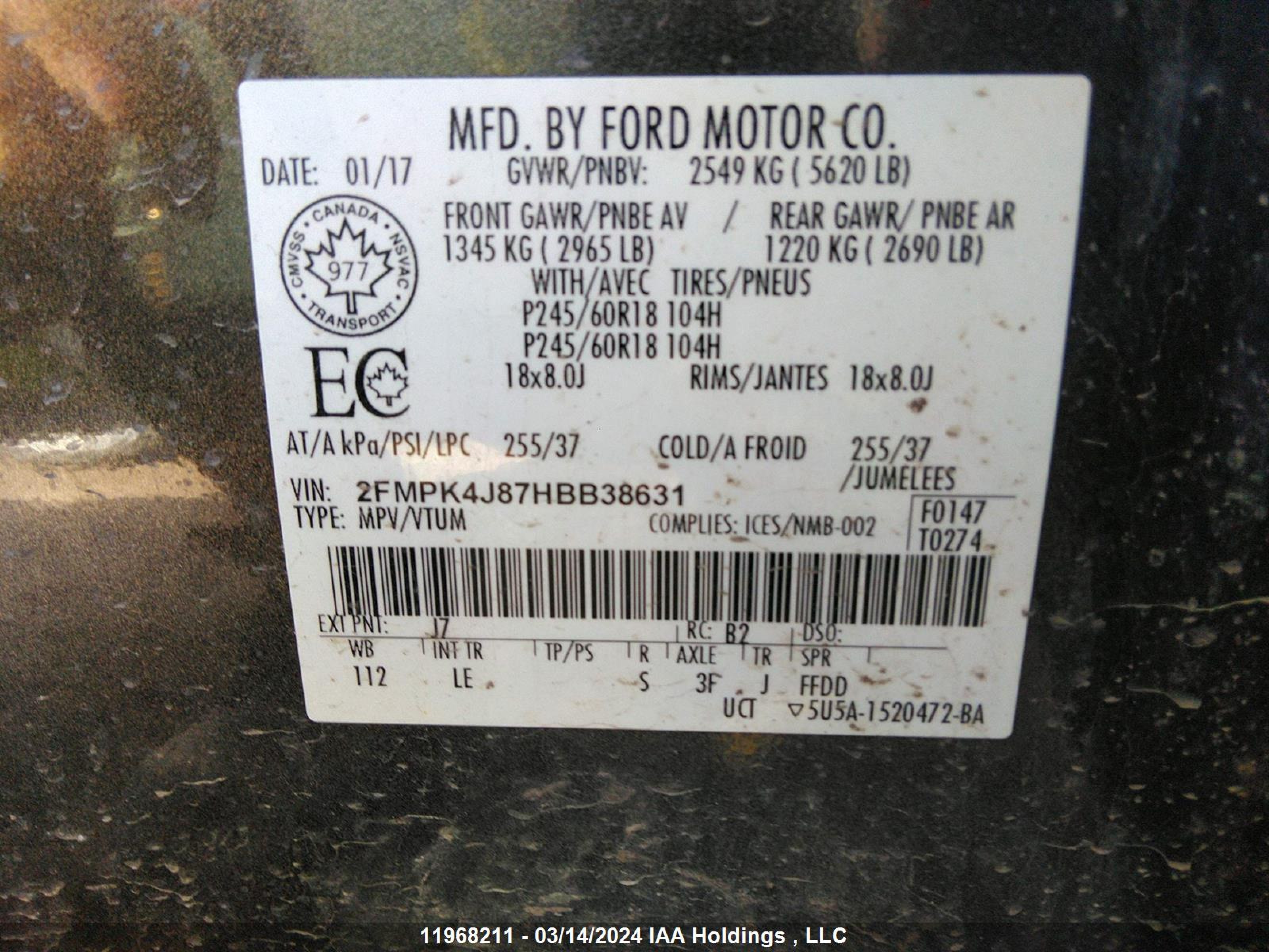 Photo 8 VIN: 2FMPK4J87HBB38631 - FORD EDGE 