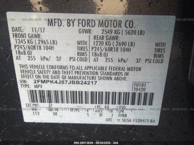 Photo 8 VIN: 2FMPK4J87JBB24217 - FORD EDGE 