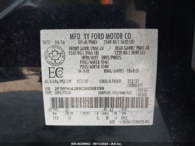 Photo 8 VIN: 2FMPK4J88GBB68199 - FORD EDGE 