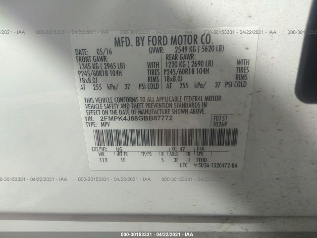 Photo 8 VIN: 2FMPK4J88GBB87772 - FORD EDGE 