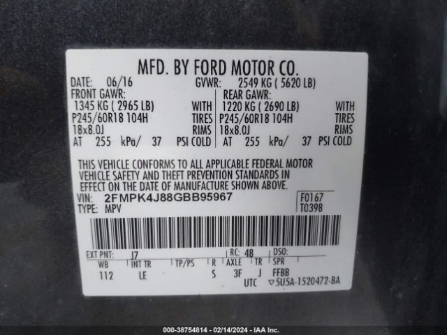 Photo 8 VIN: 2FMPK4J88GBB95967 - FORD EDGE 