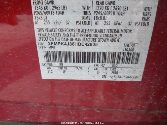 Photo 8 VIN: 2FMPK4J88HBC42805 - FORD EDGE 