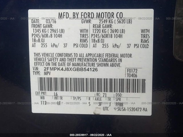 Photo 8 VIN: 2FMPK4J8XGBB54126 - FORD EDGE 