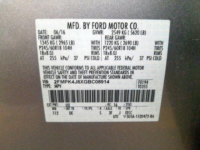 Photo 9 VIN: 2FMPK4J8XGBC08914 - FORD EDGE SEL 