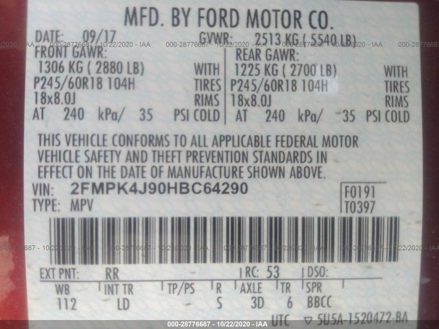 Photo 8 VIN: 2FMPK4J90HBC64290 - FORD EDGE 