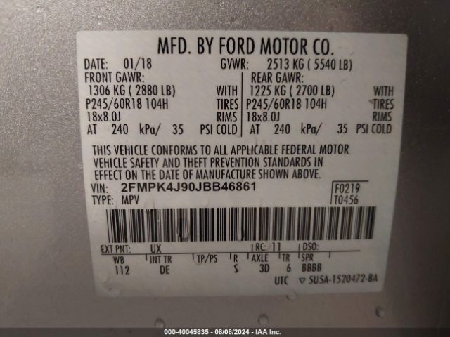 Photo 8 VIN: 2FMPK4J90JBB46861 - FORD EDGE 