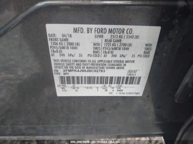 Photo 8 VIN: 2FMPK4J90JBC02703 - FORD EDGE 